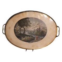 Antique 19th Century French Napoleon III Hand Painted Oval Brass Tray