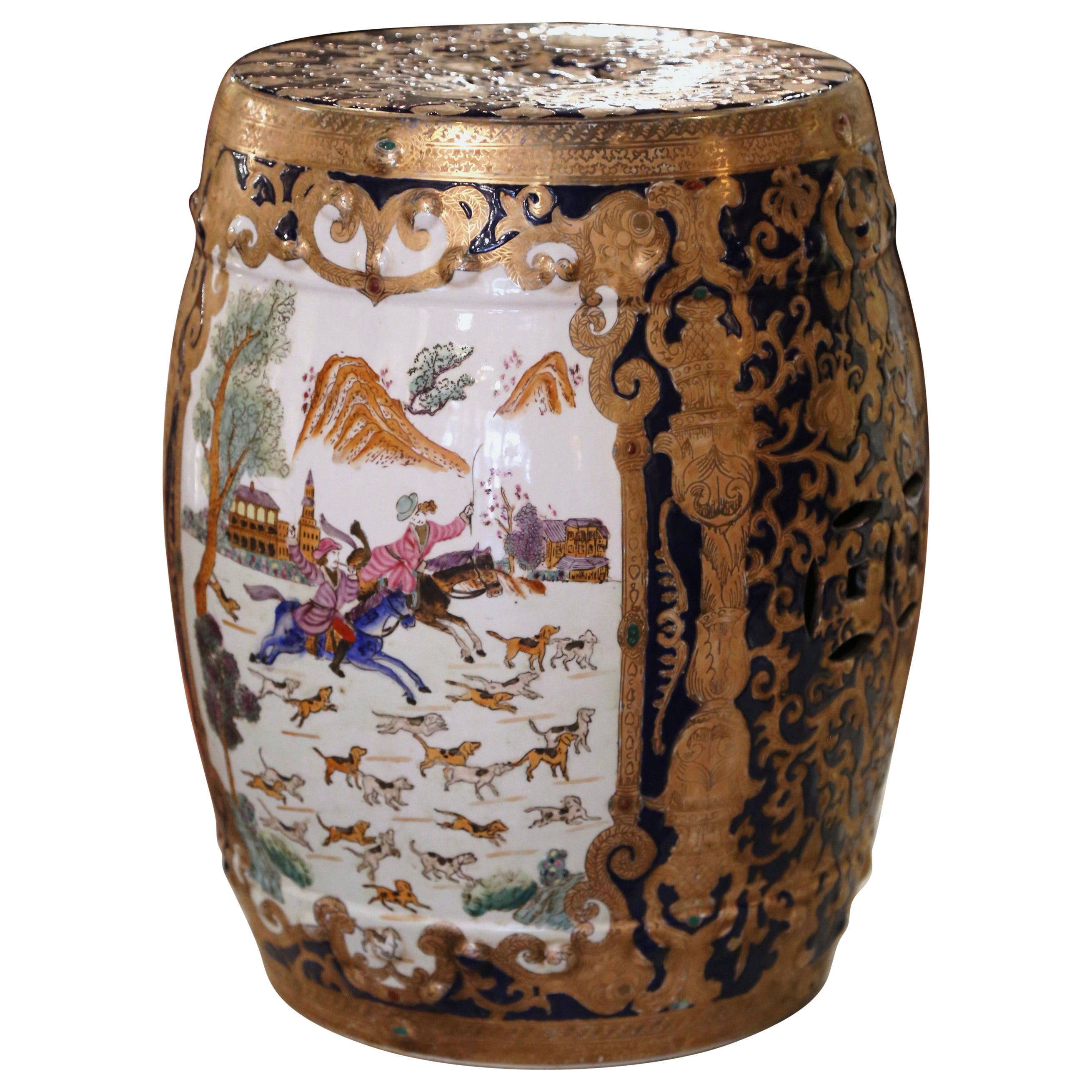 Midcentury Chinese Hand Painted and Gilt Porcelain Garden Stool
