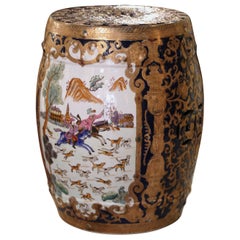 Retro Midcentury Chinese Hand Painted and Gilt Porcelain Garden Stool