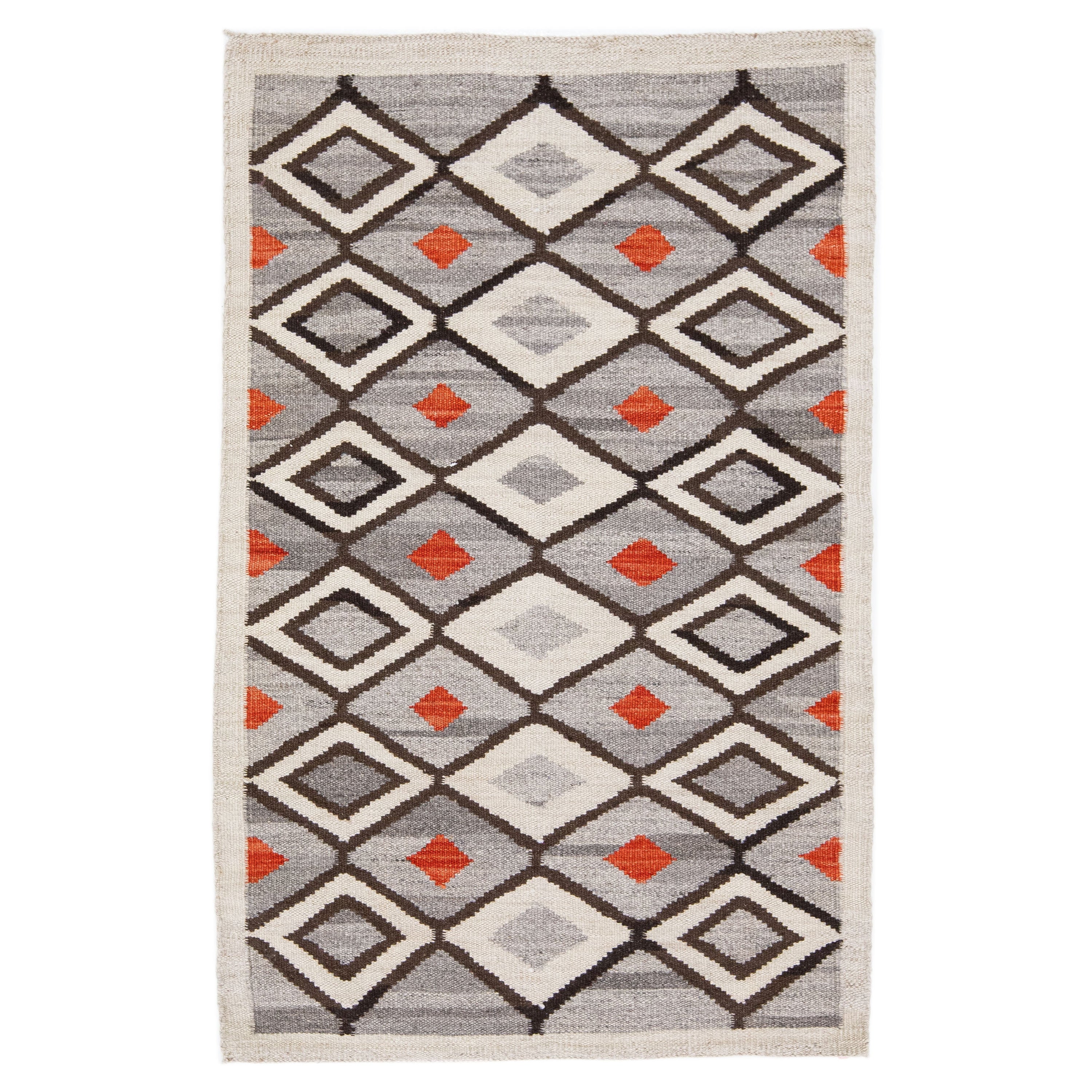 Tapis moderne en laine gris à tissage plat de style Navajo avec motif géométrique