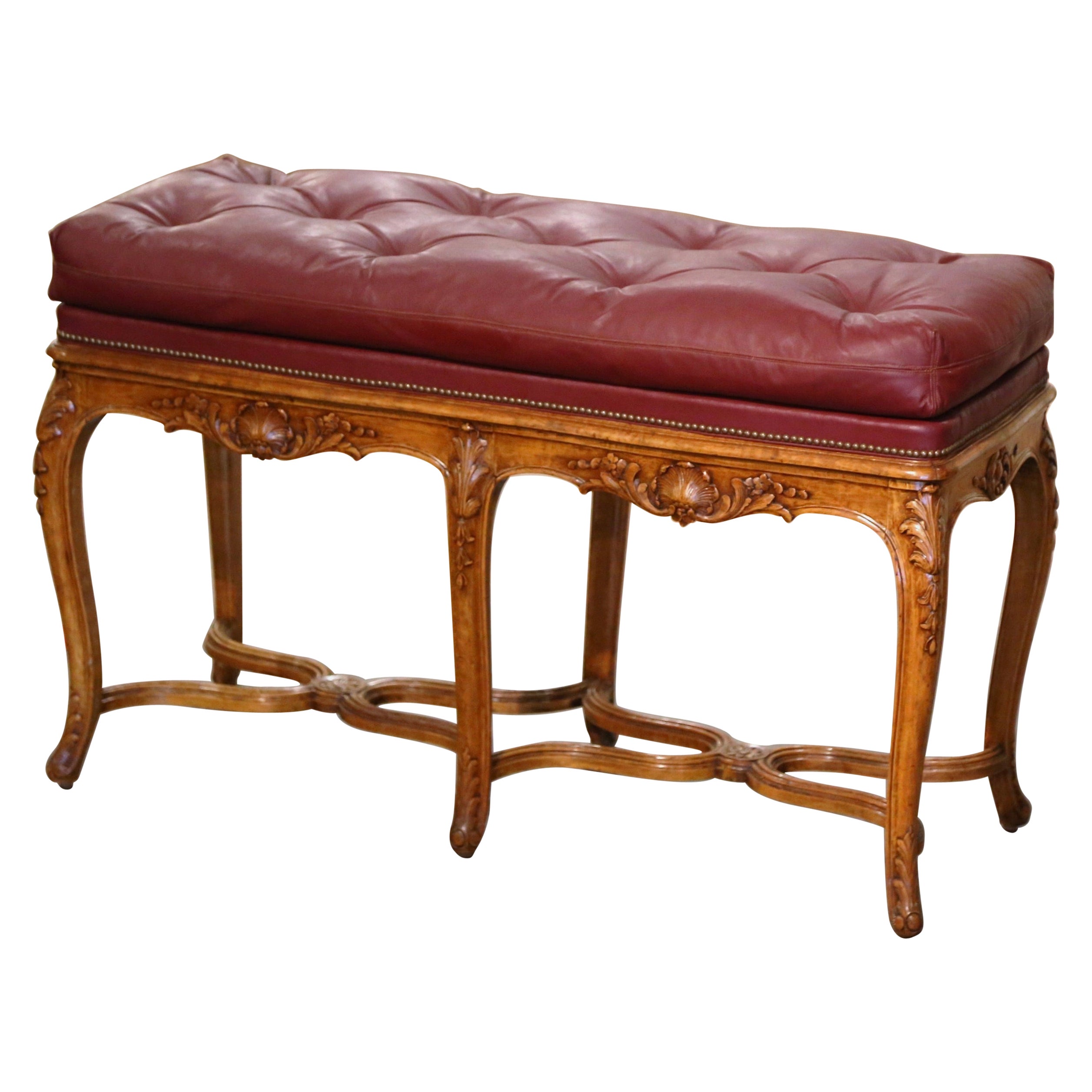 Midcentury French Louis XV Carved Walnut Bench with Hermes Leather Upholstery 