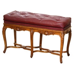 Midcentury French Louis XV Carved Walnut Bench with Hermes Leather Upholstery 