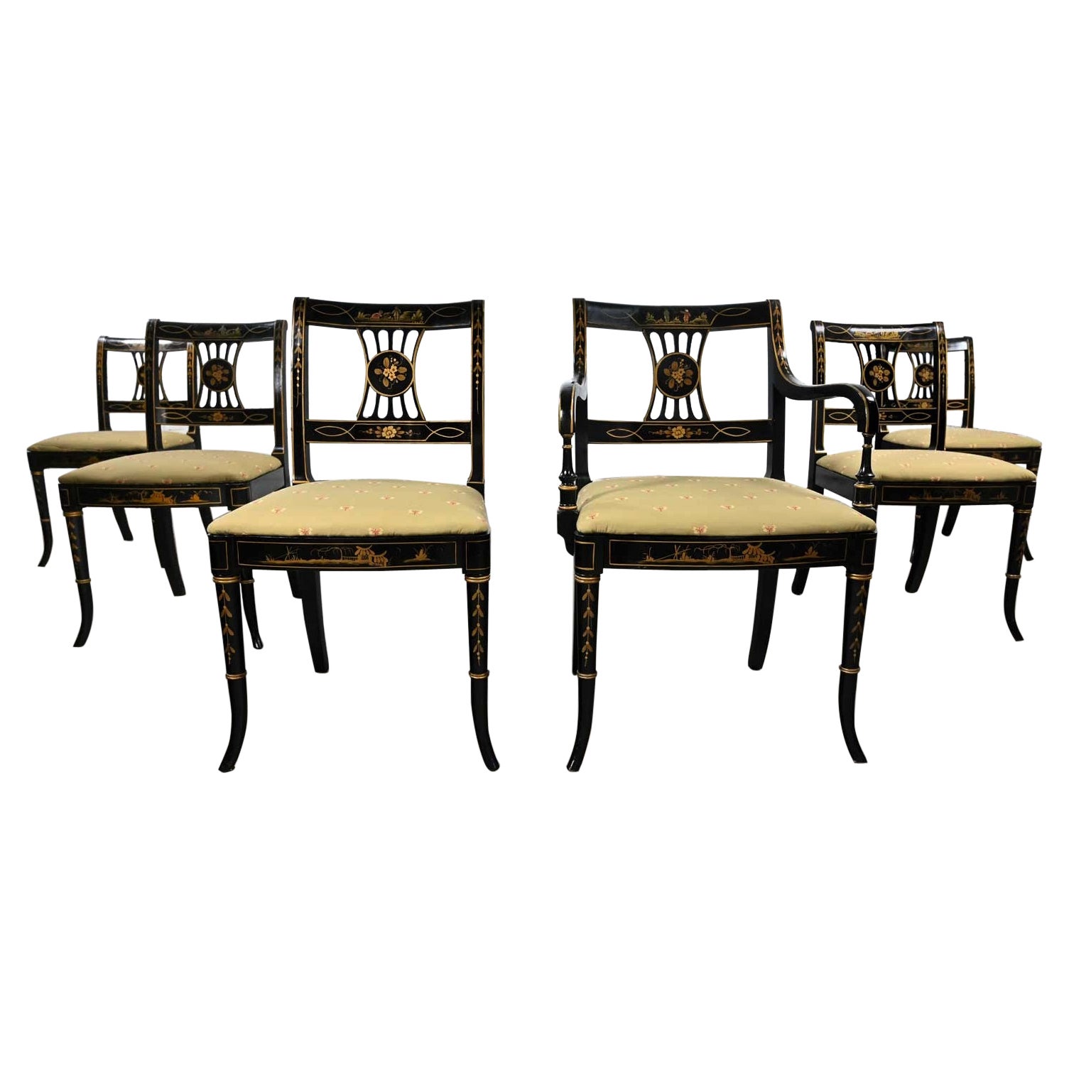 Ensemble de 6 chaises de salle à manger de style Chinoiserie Regency de l'Union National, noires et dorées