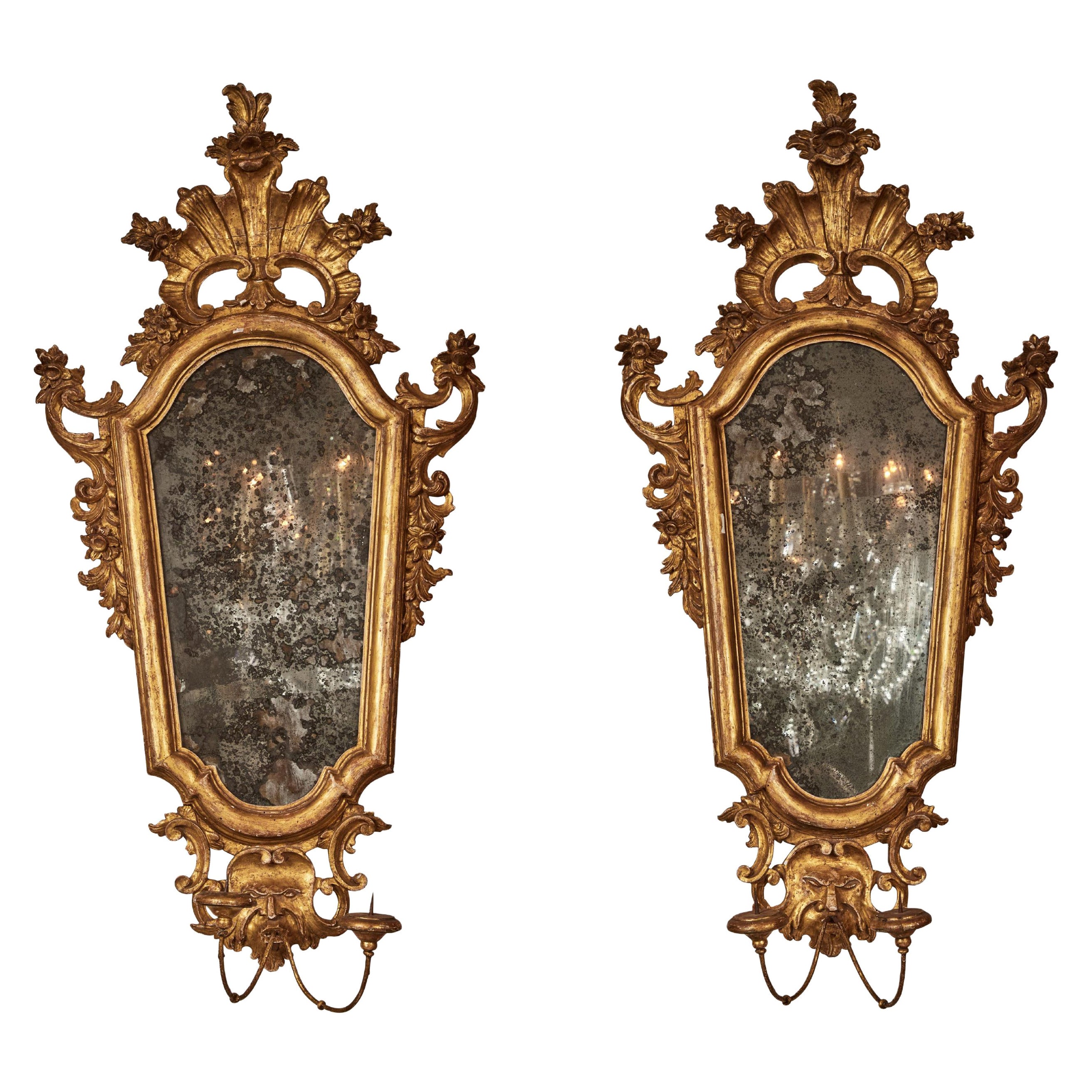 Gilded Florentine Mirrors with Candle Holders For Sale