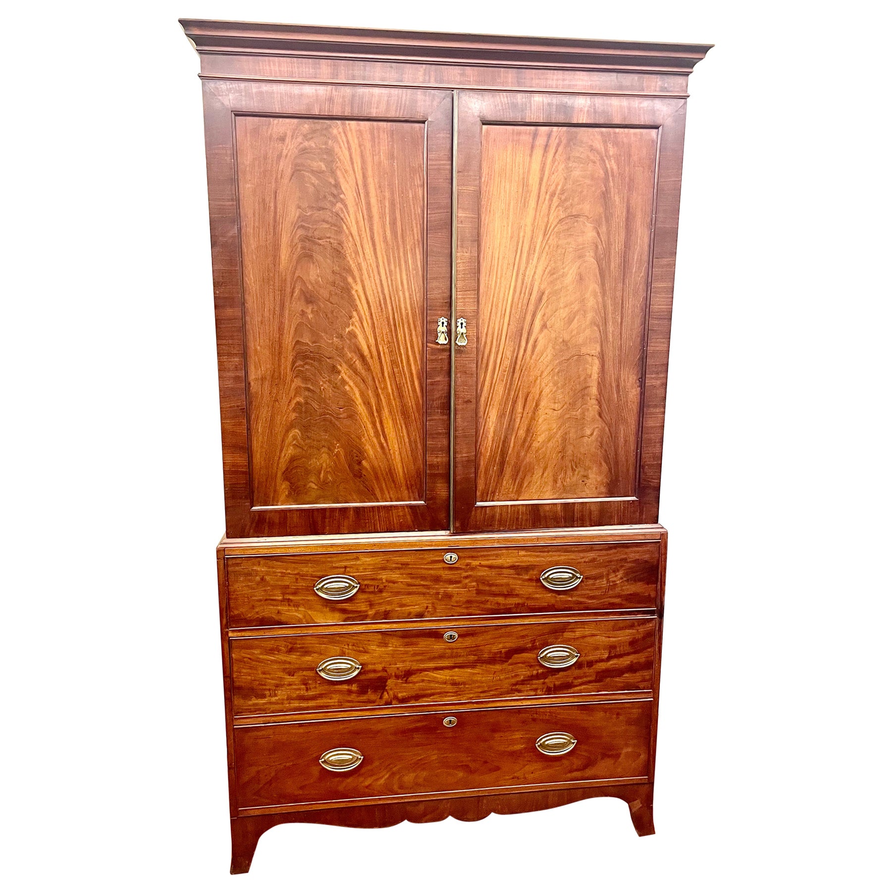 Antique English Geo. IV Bookmatched Figured Mahogany Hepplewhite Linen Press  For Sale