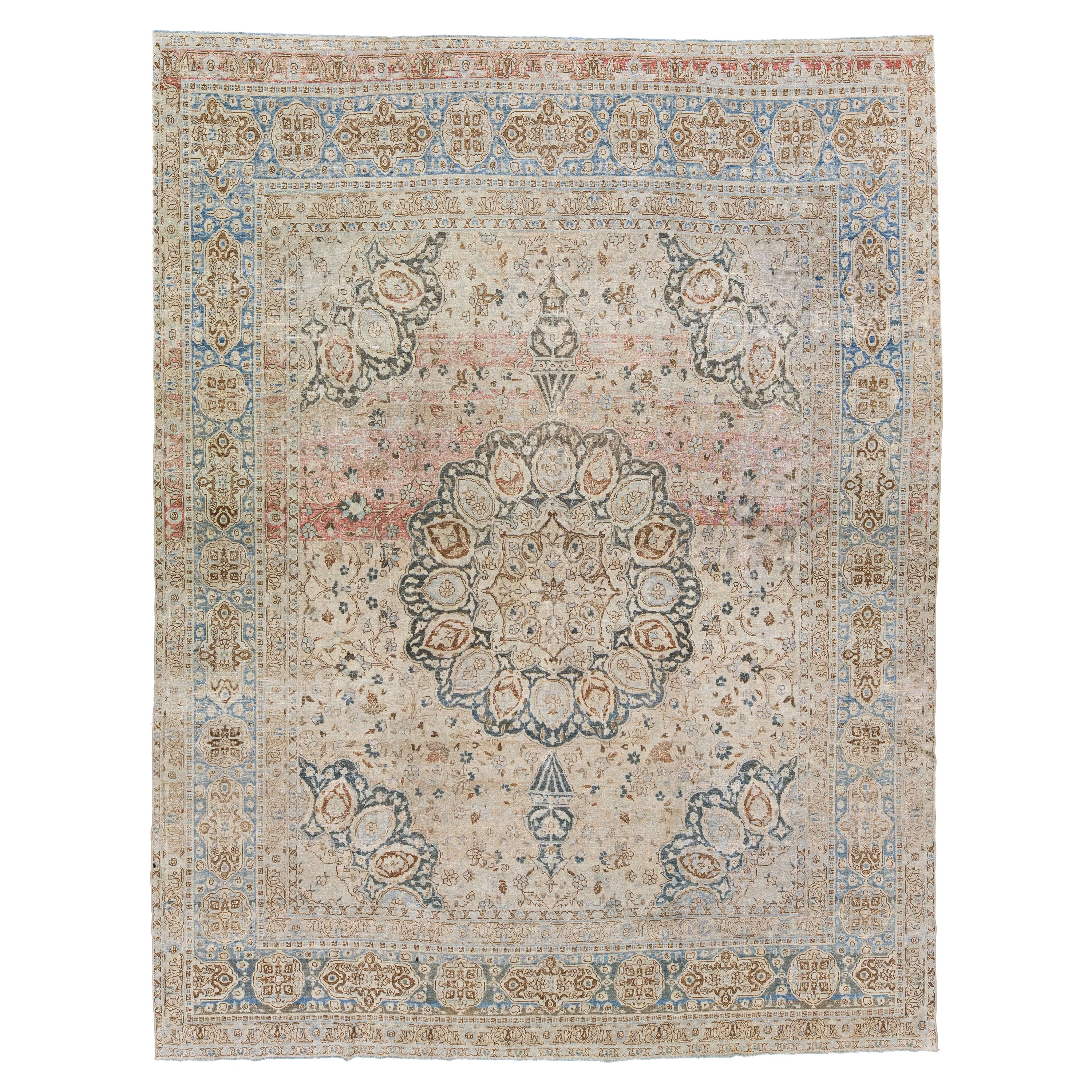 Rosette Antique Persian Tabriz Beige Handmade Wool Rug  For Sale