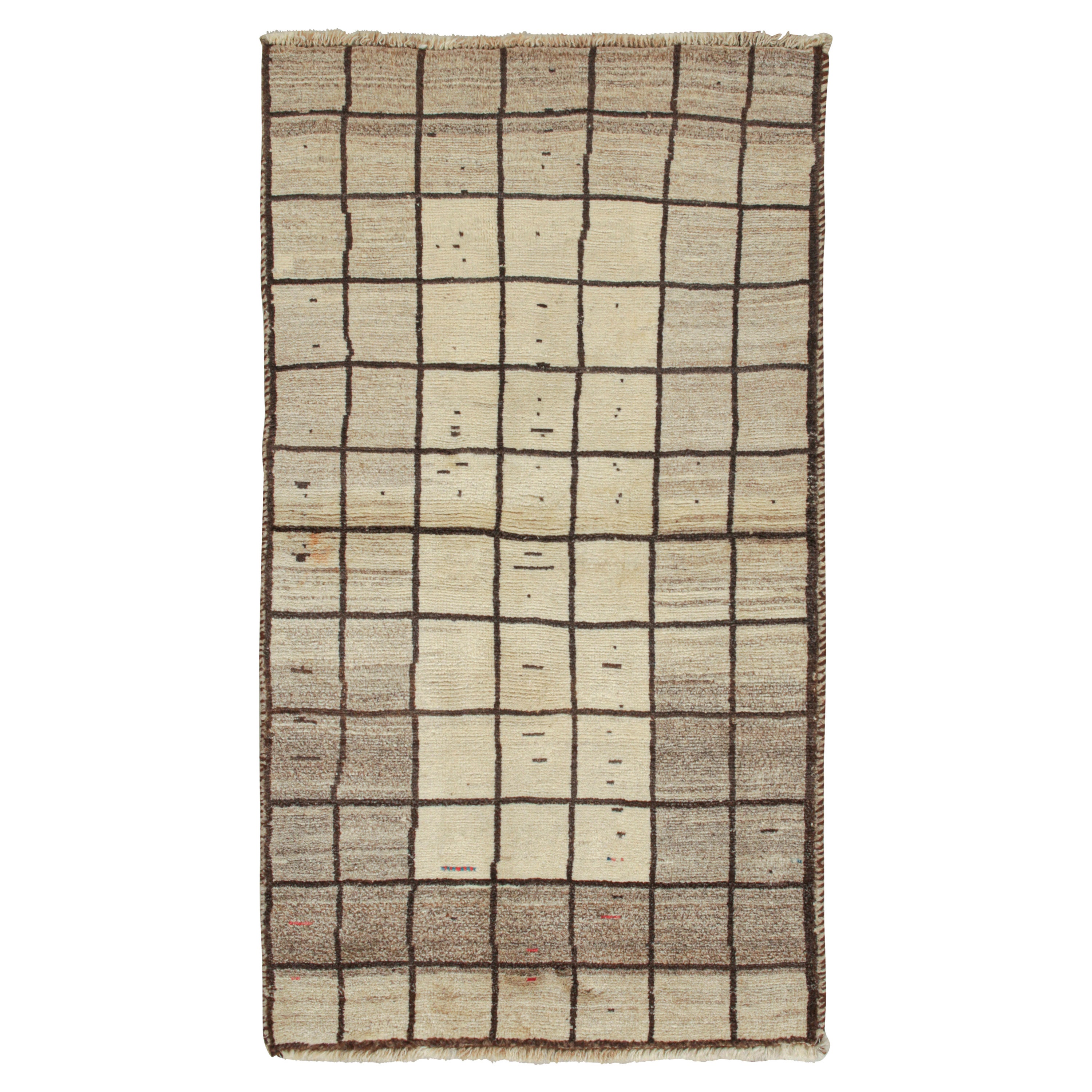 Vintage Qashqai Persian Gabbeh Runner in Beige-Brown Grid Pattern by Rug & Kilim For Sale