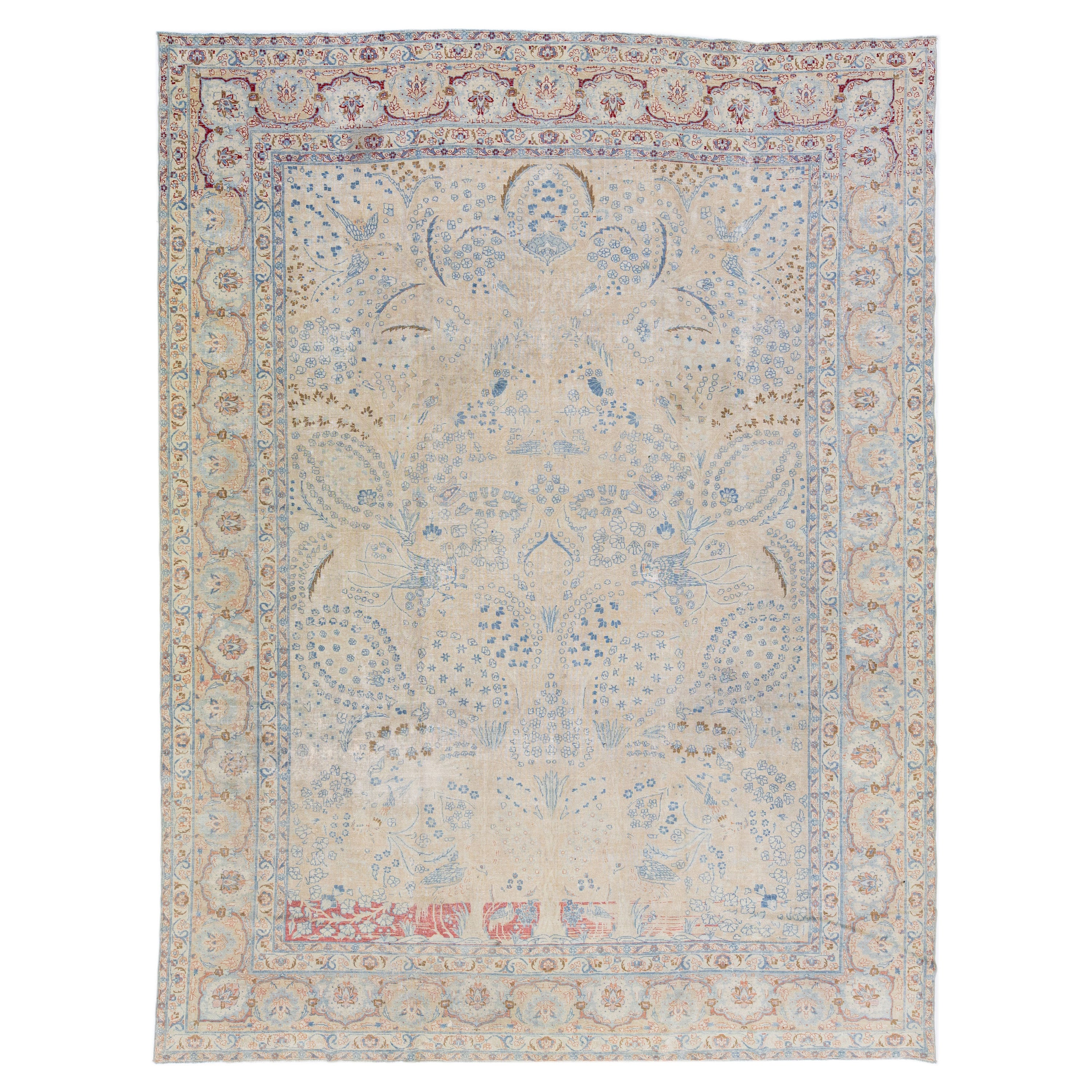 1920s Antique Persian Tabriz Beige Handmade Wool Rug with Allover Motif For Sale