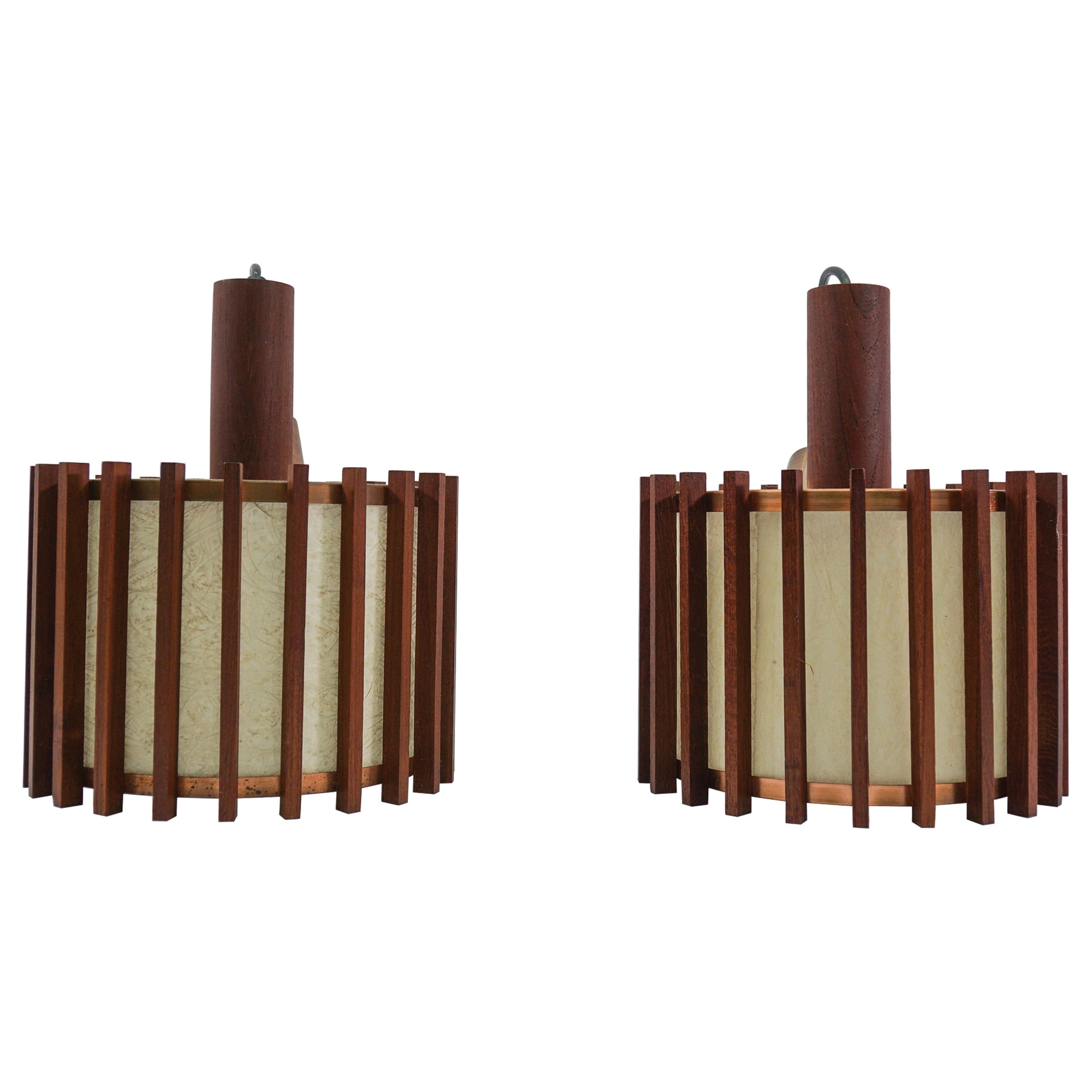Pair of Scandinavian Mid-Century Modern Ceiling Lamps in Teak Wood and Copper For Sale