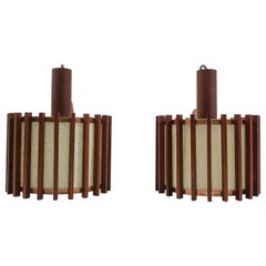 Pair of Scandinavian Mid-Century Modern Ceiling Lamps in Teak Wood and Copper