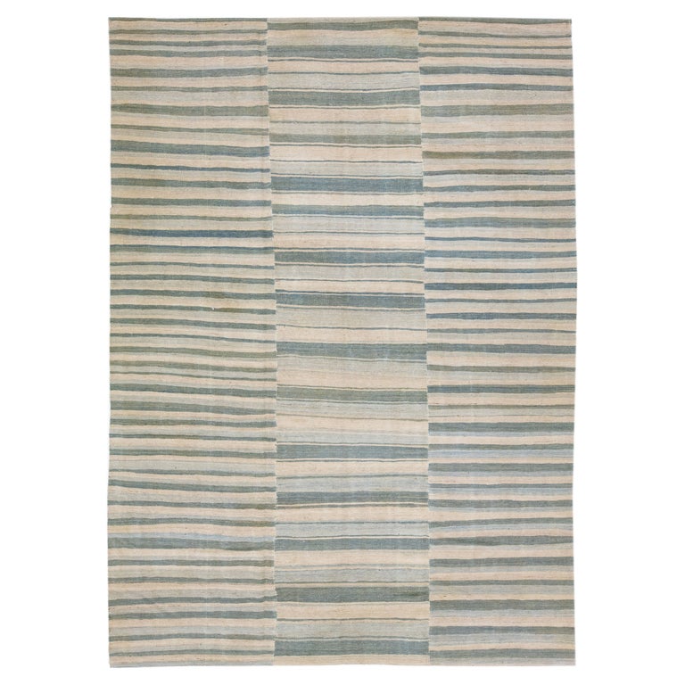 Contemporary Kilim Flatweave Wool Rug with Stripe Pattern in Beige and