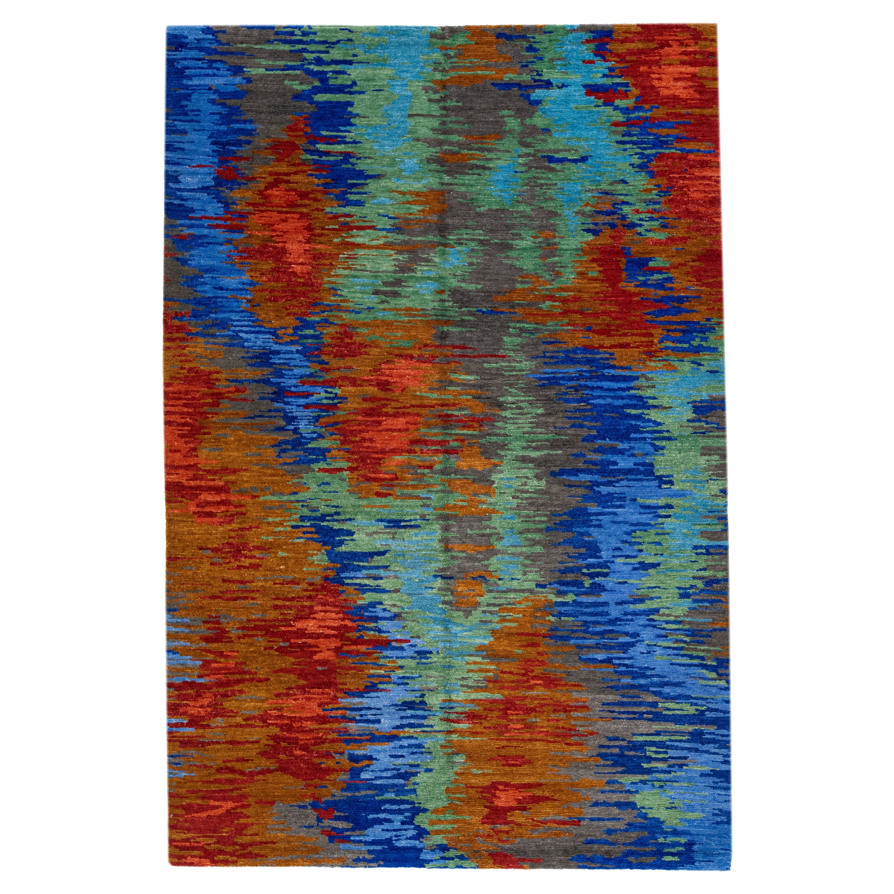 Modern Tibetan Handmade Wool & Silk Rug with Multicolor Abstract Design