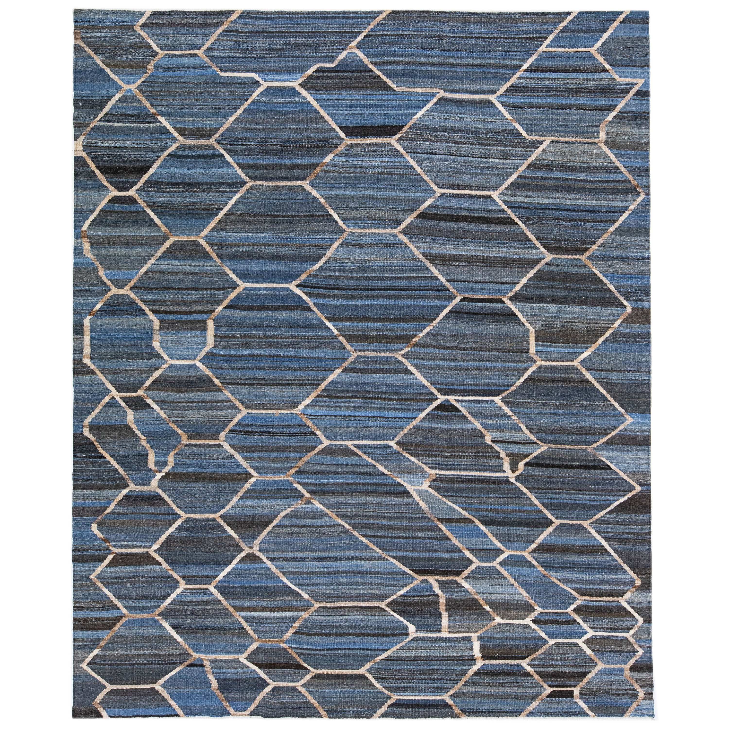 Geometric Modern Kilim Flatweave Wool Rug in Blue For Sale