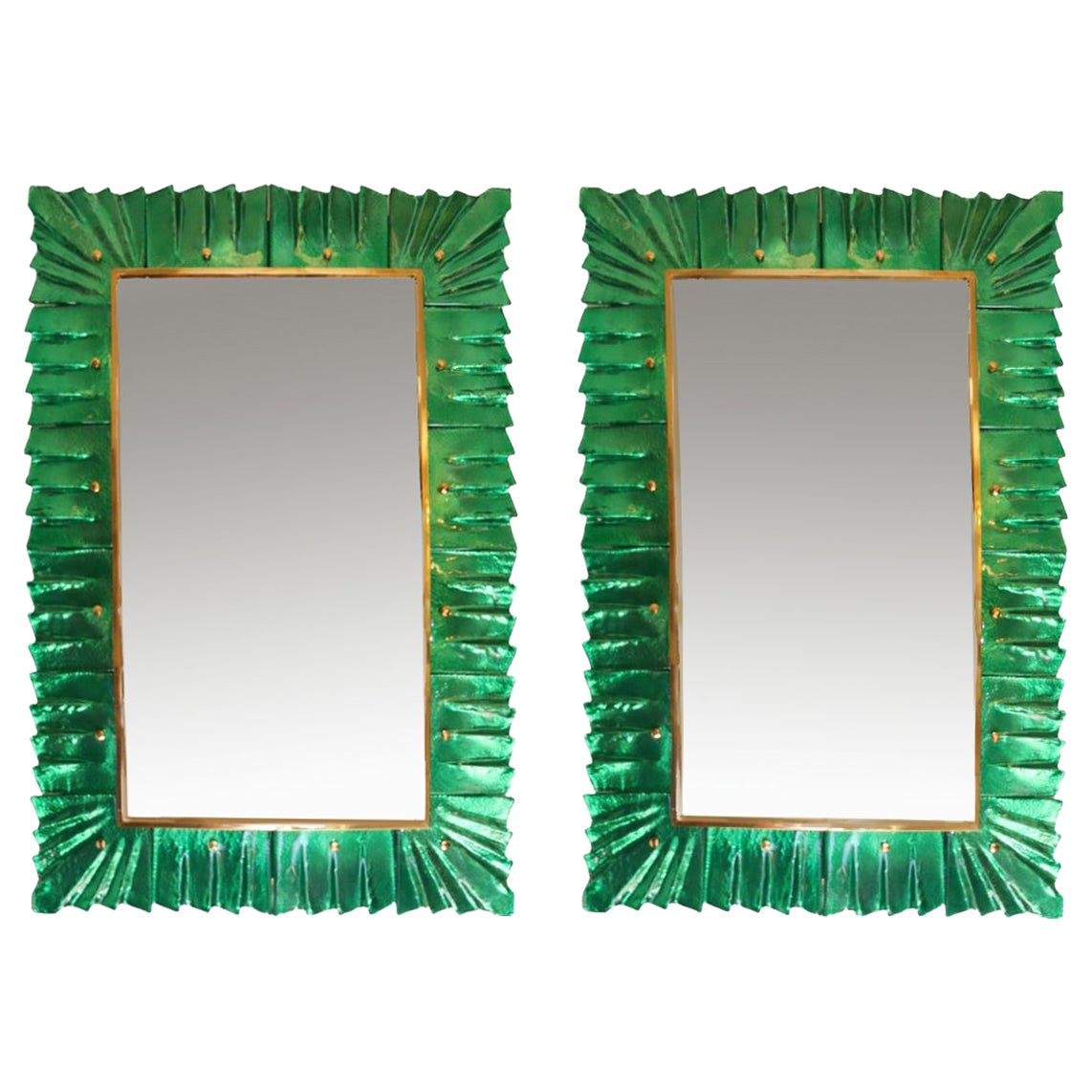 Pair of Rectangular Murano Emerald Green Glass Framed Mirrors, in Stock For Sale