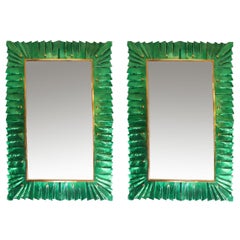 Pair of Rectangular Murano Emerald Green Glass Framed Mirrors, in Stock
