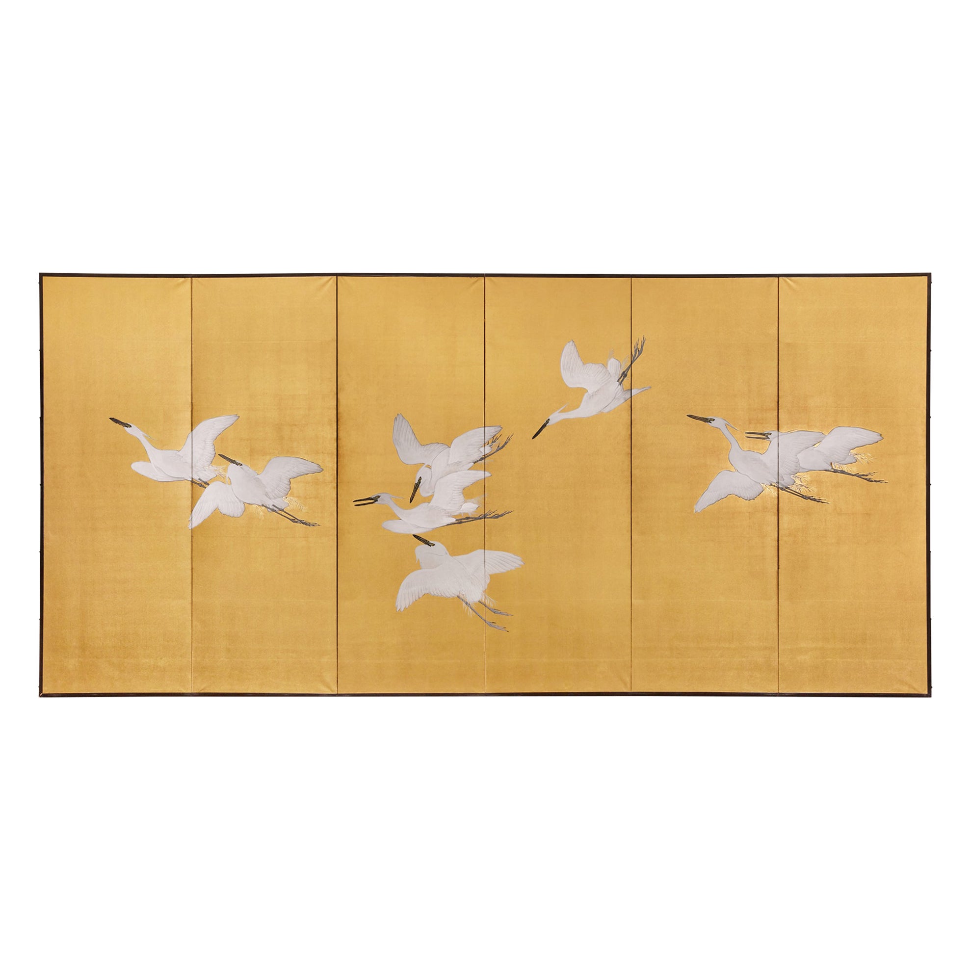 Japanese Six Panel Screen: Egrets in Flight For Sale