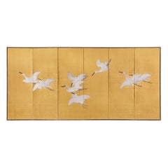 Antique Japanese Six Panel Screen: Egrets in Flight