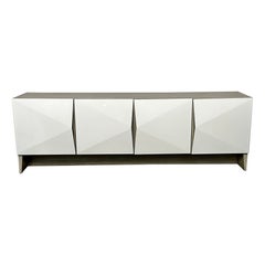 Vintage Modern Geometric Ceruse Oak Dresser, Sideboard, Cabinet, White Lacquered