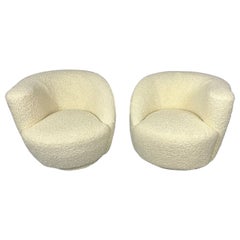 Mid-Century Modern Swivel Chairs, Kidney-Shape, White Boucle