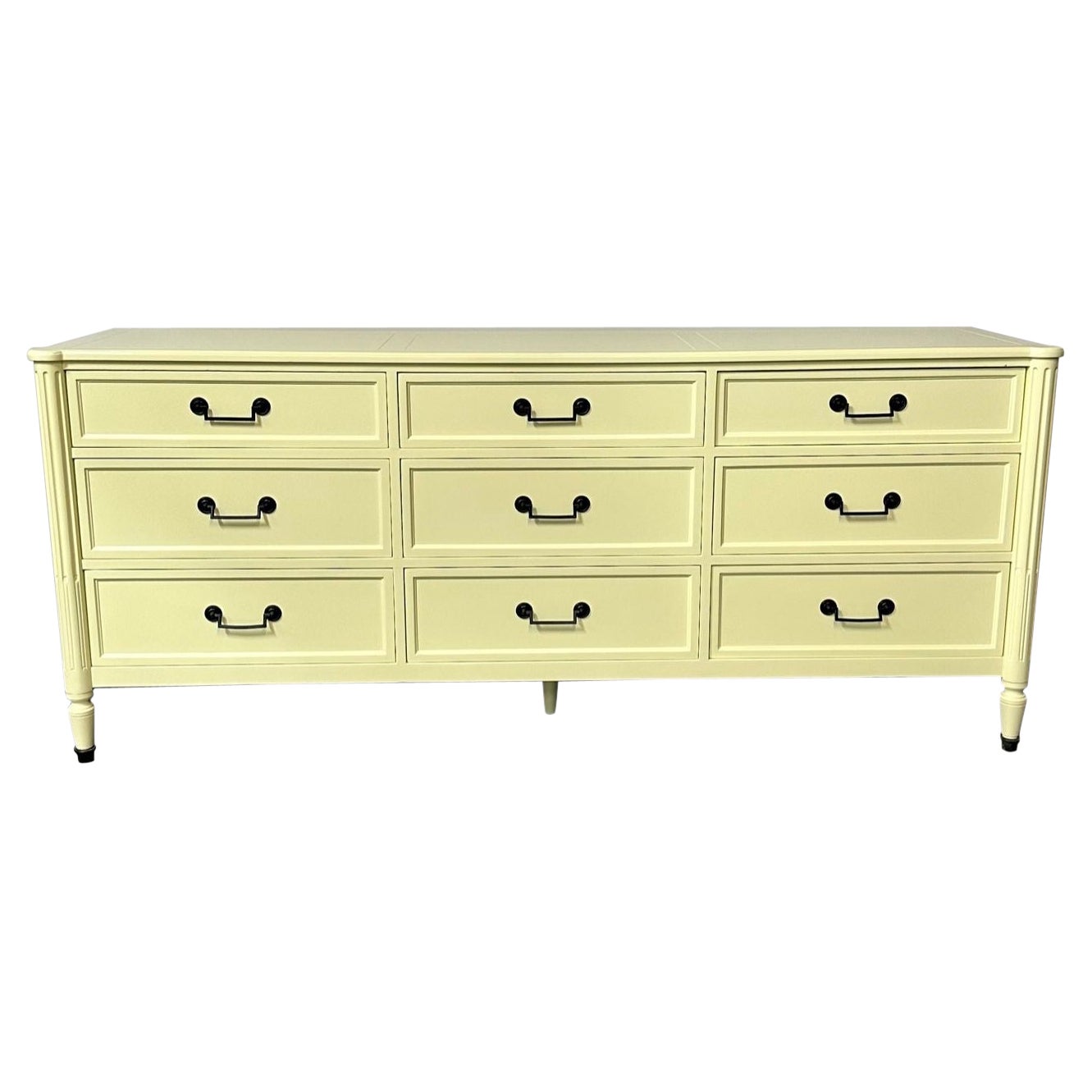 Celadon Green Dresser / Sideboard by Baker, Brass Handles, Refinished, Regency For Sale