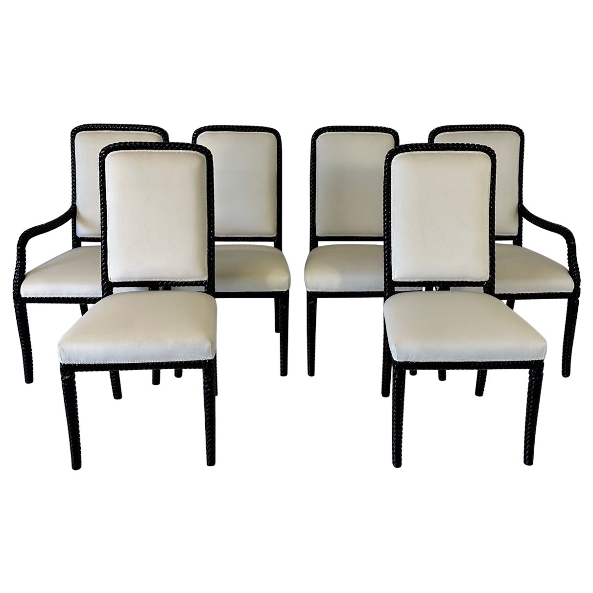 Set of Six Cream Velvet and Black Lacquered Italian Art Deco Style Chairs, 1980s For Sale