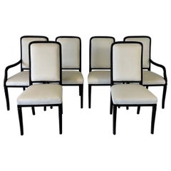 Retro Set of Six Cream Velvet and Black Lacquered Italian Art Deco Style Chairs, 1980s