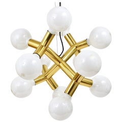 Retro J. T. Kalmar Atomic Sputnik Chandelier, Space-Age Ceiling Lamp, Brass, 1960s