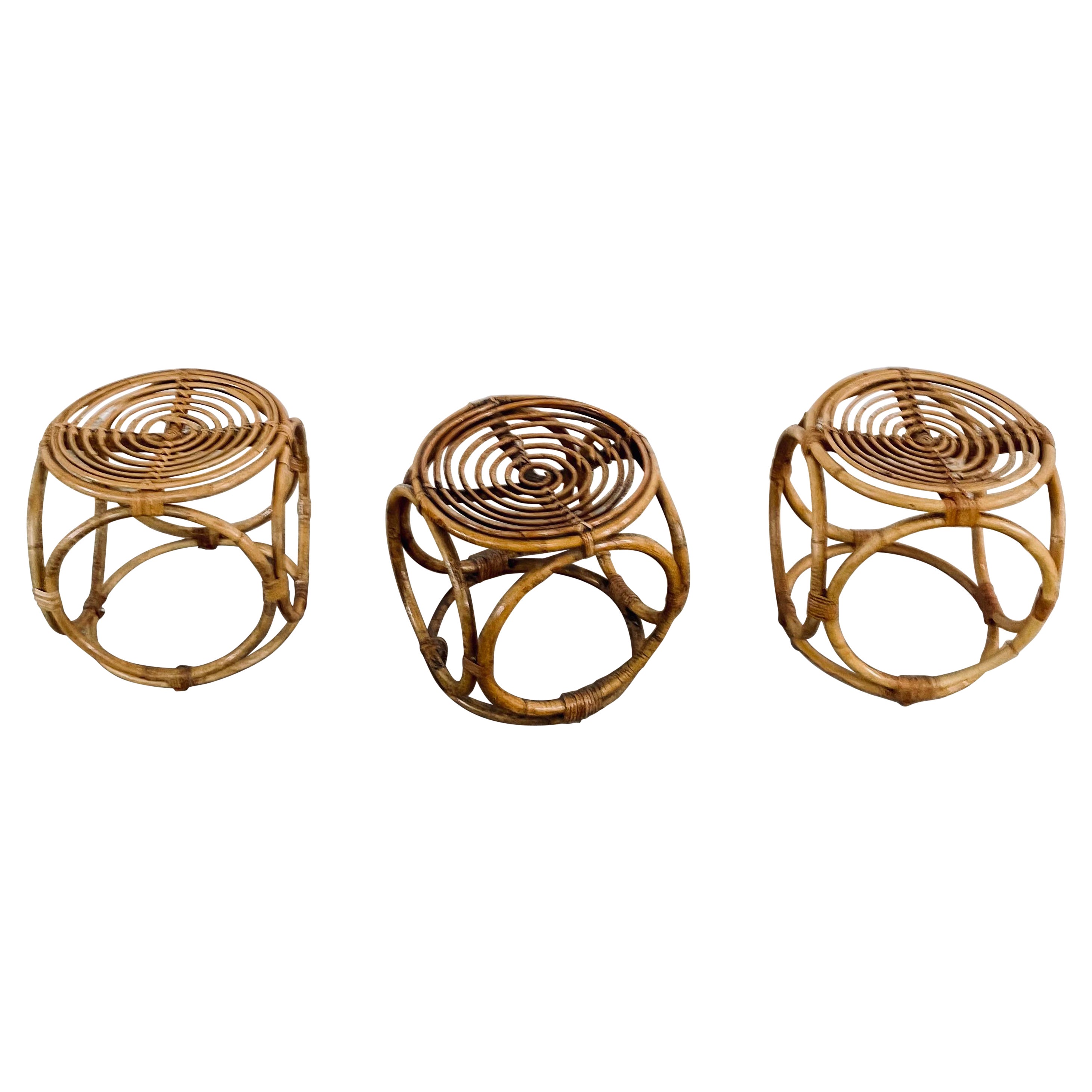 Beautiful 1970s Bamboo Side Tables, Mid-Century Rattan Footstools For Sale
