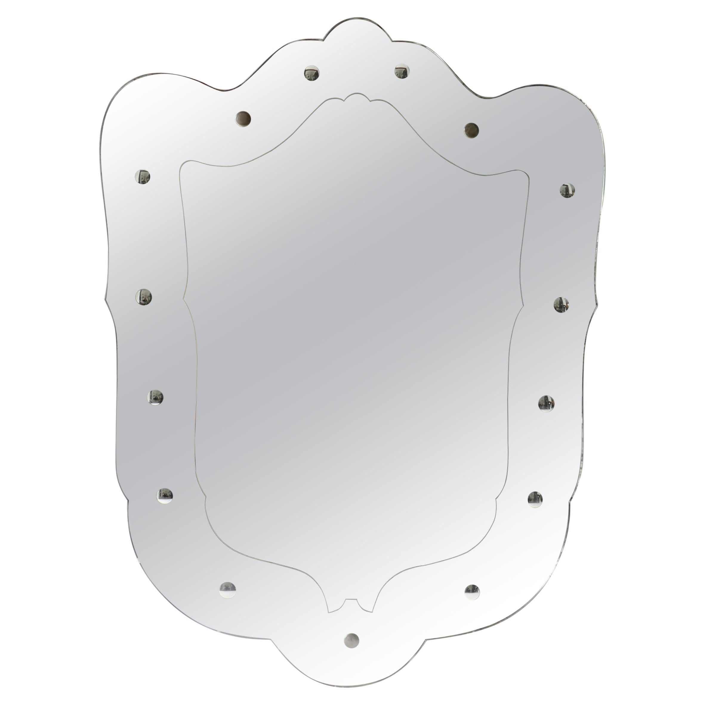 Sinuous Etched Shield Shaped Italian Mirror, Italy, 1940s For Sale