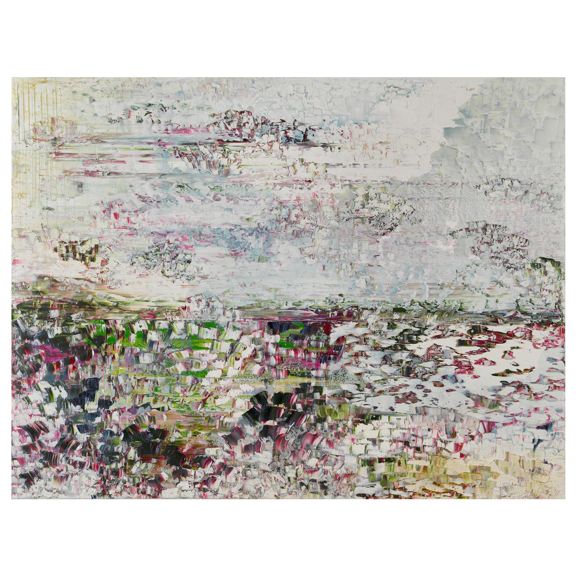 Contemporary painting of rosy shades that references the lily ponds of Monet