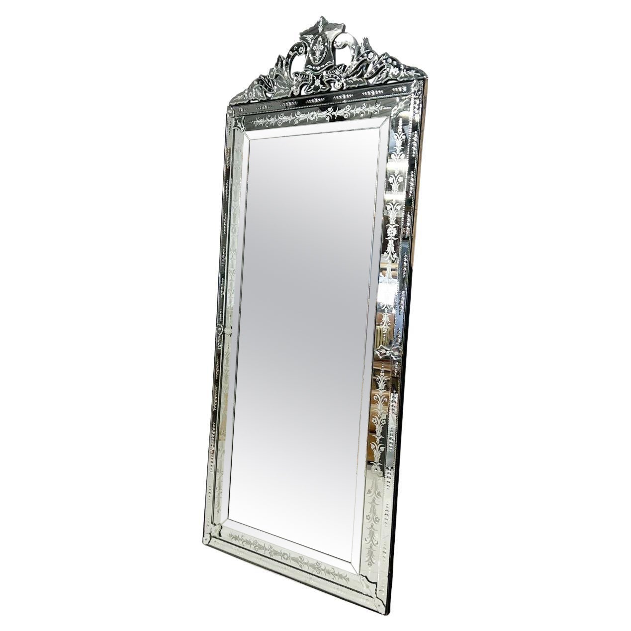 Handcrafted Venetian Full-Length Floor Mirror Extravagant Etched Crystal Glass