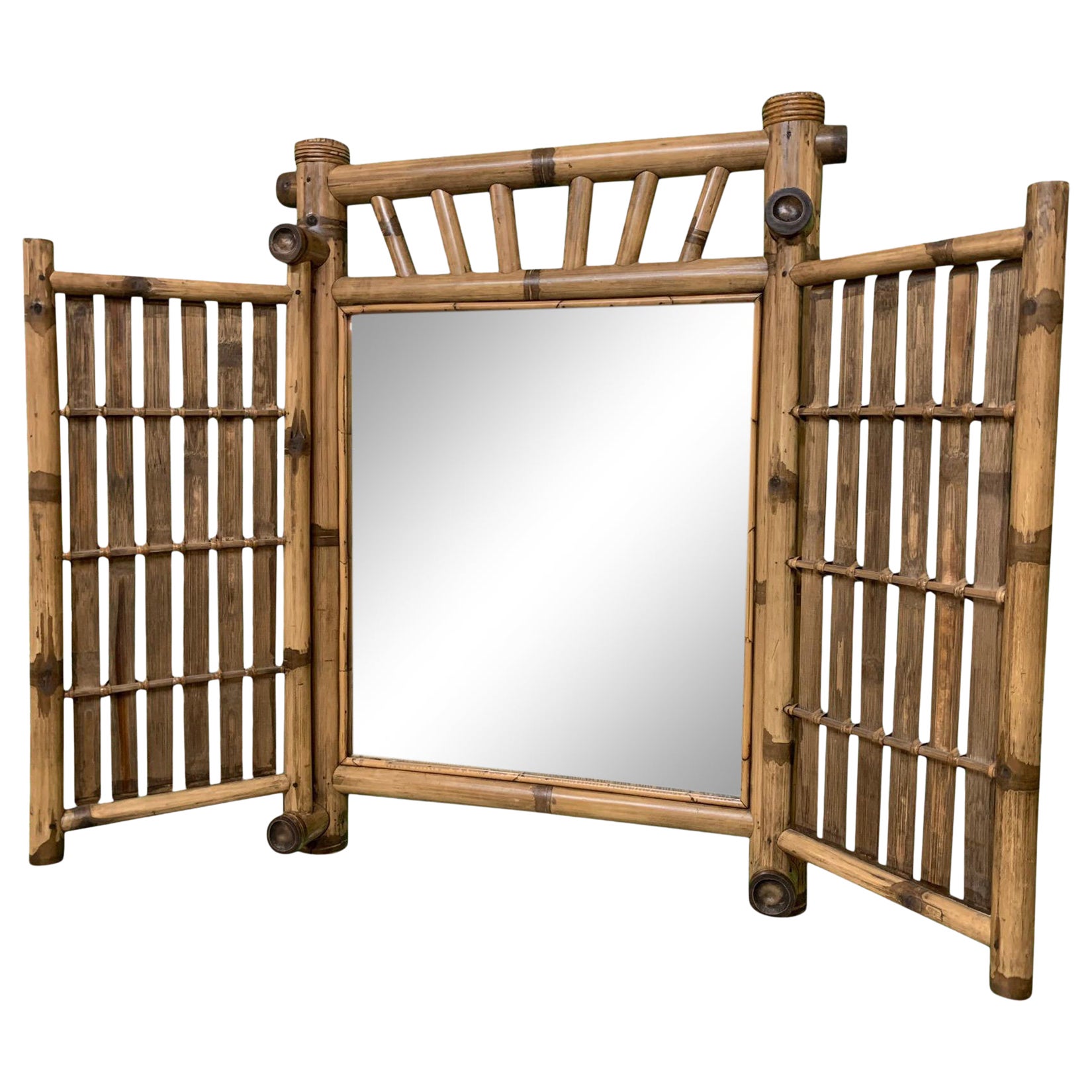 Vieille commode ou miroir de courtoisie pliant en bambou en vente