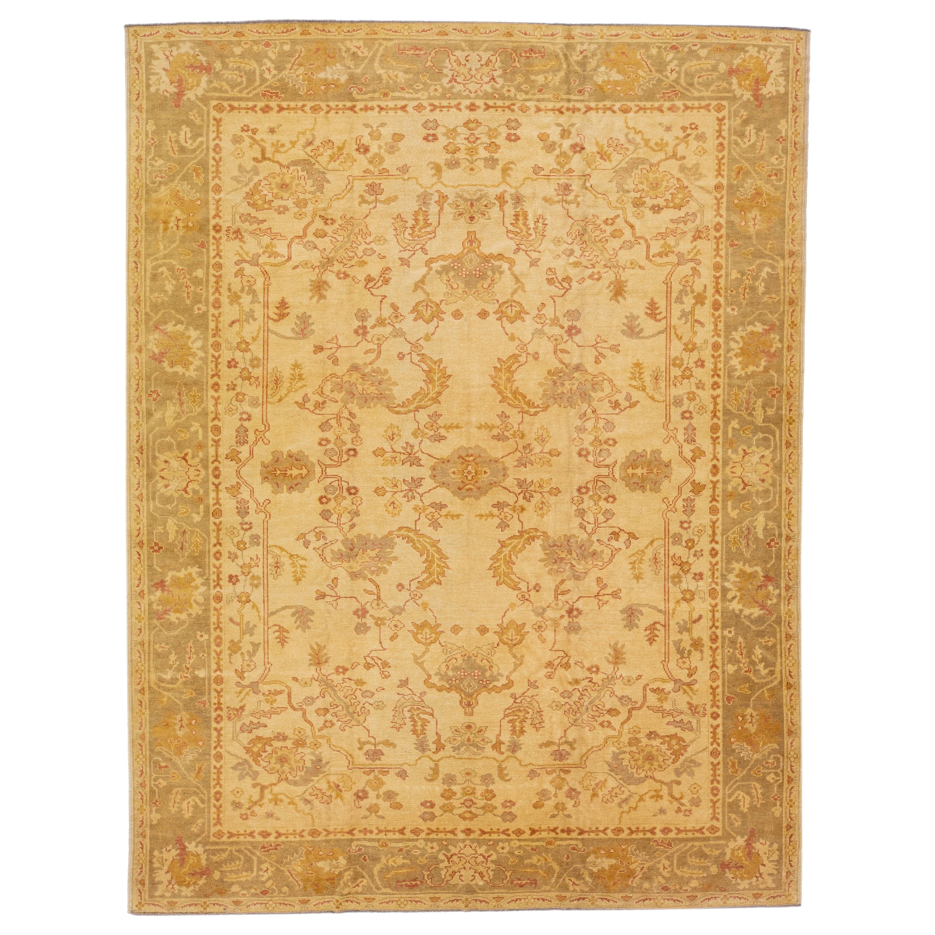 Tan Modern Turkish Oushak Handmade Wool Rug With Floral Motif