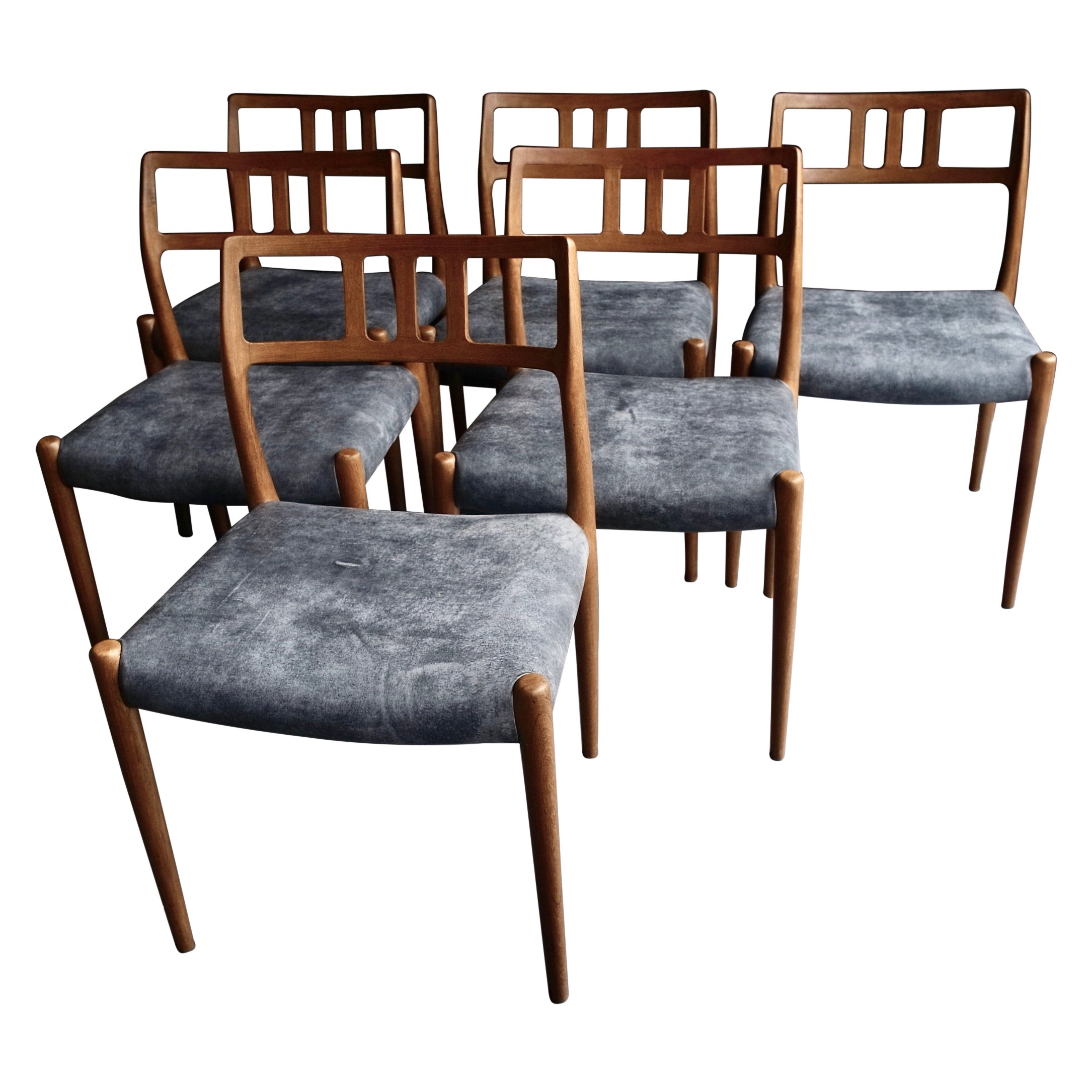 Six Niels.O Moller 78 Teak Dining Chairs by J.L. Mollers in Grey Leather Seats