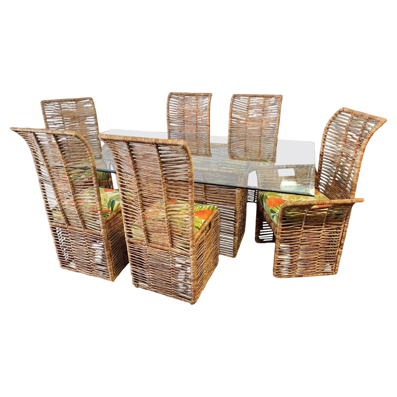 Rattan Jute Rope Wrapped 7-Piece Dining Set