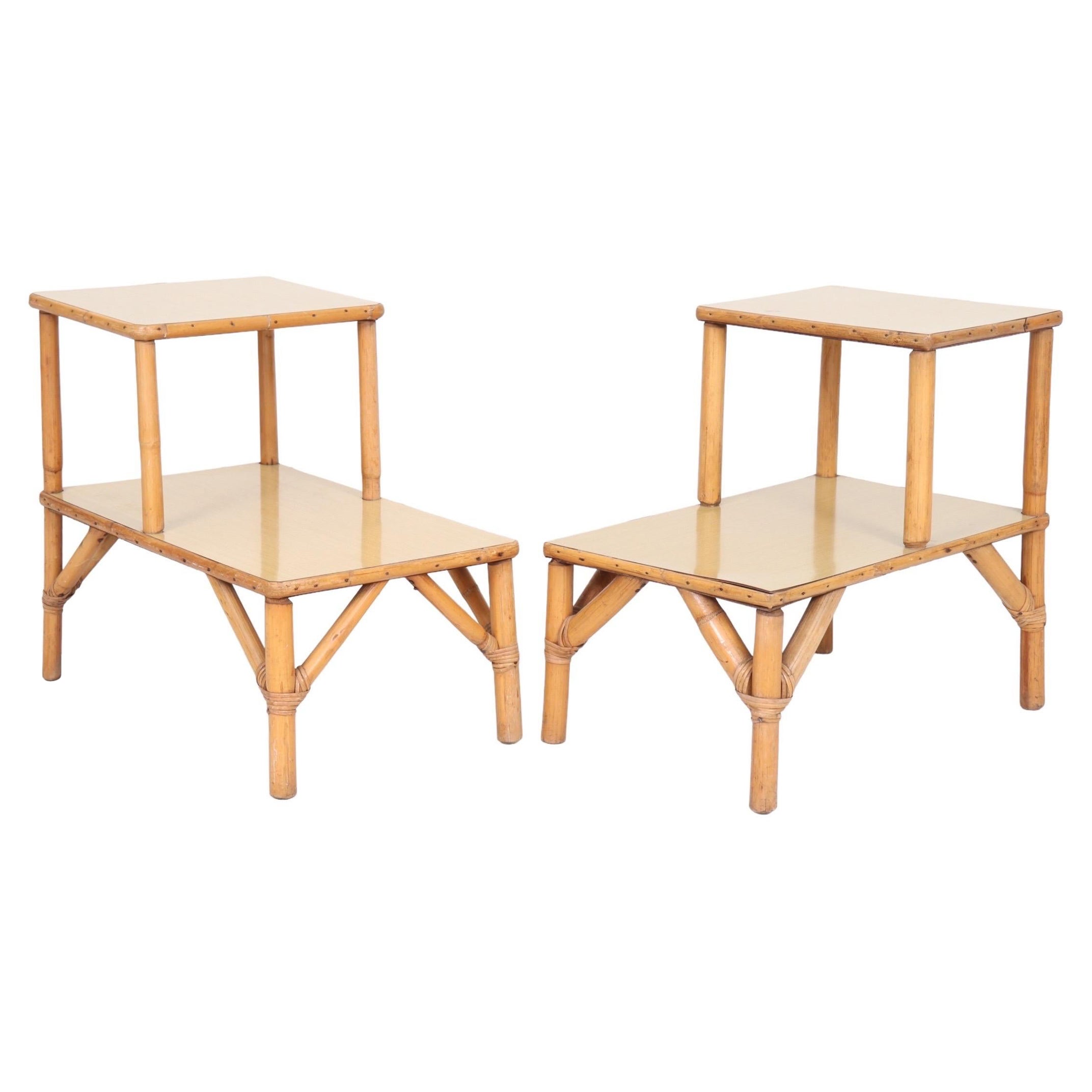 Bamboo Two Tier Side Tables, a Pair