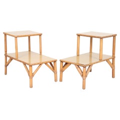 Retro Bamboo Two Tier Side Tables, a Pair
