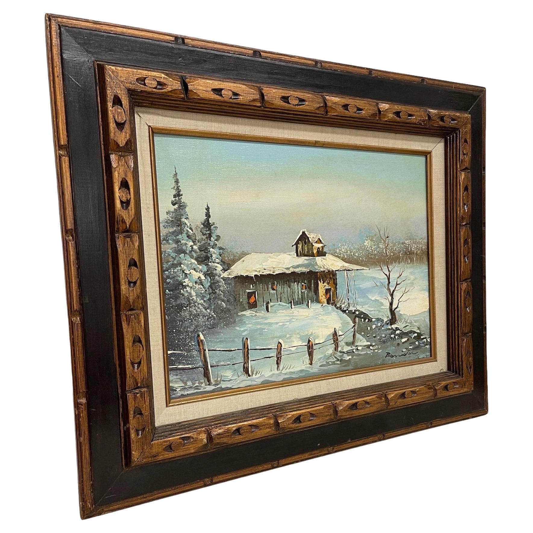 Peinture vintage signée d'une cabane d'hiver sur toile.