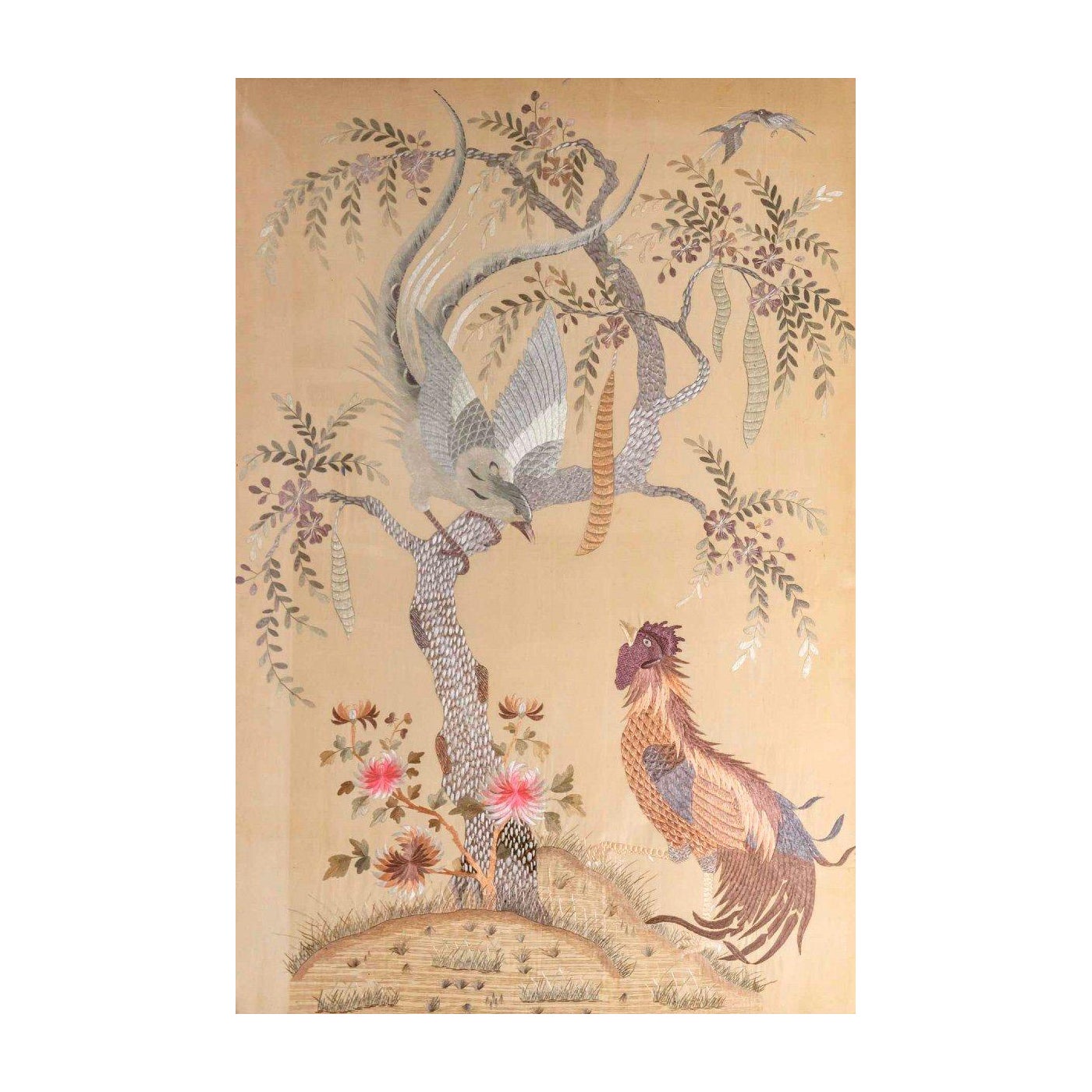 Rare et ancien grand panneau de soie brodé polychrome - Chine - XIXe siècle