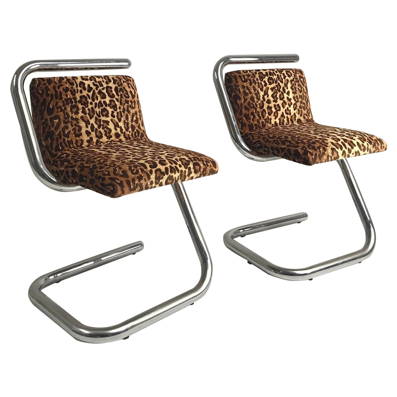 Pair of Mid-Century Modern Chairs, Chrome & Leopard Fabric, circa 1970, Italy