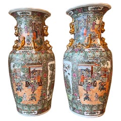 Large 19th Century Chinese Canton Ceramic Vases / Lamps with Signature 