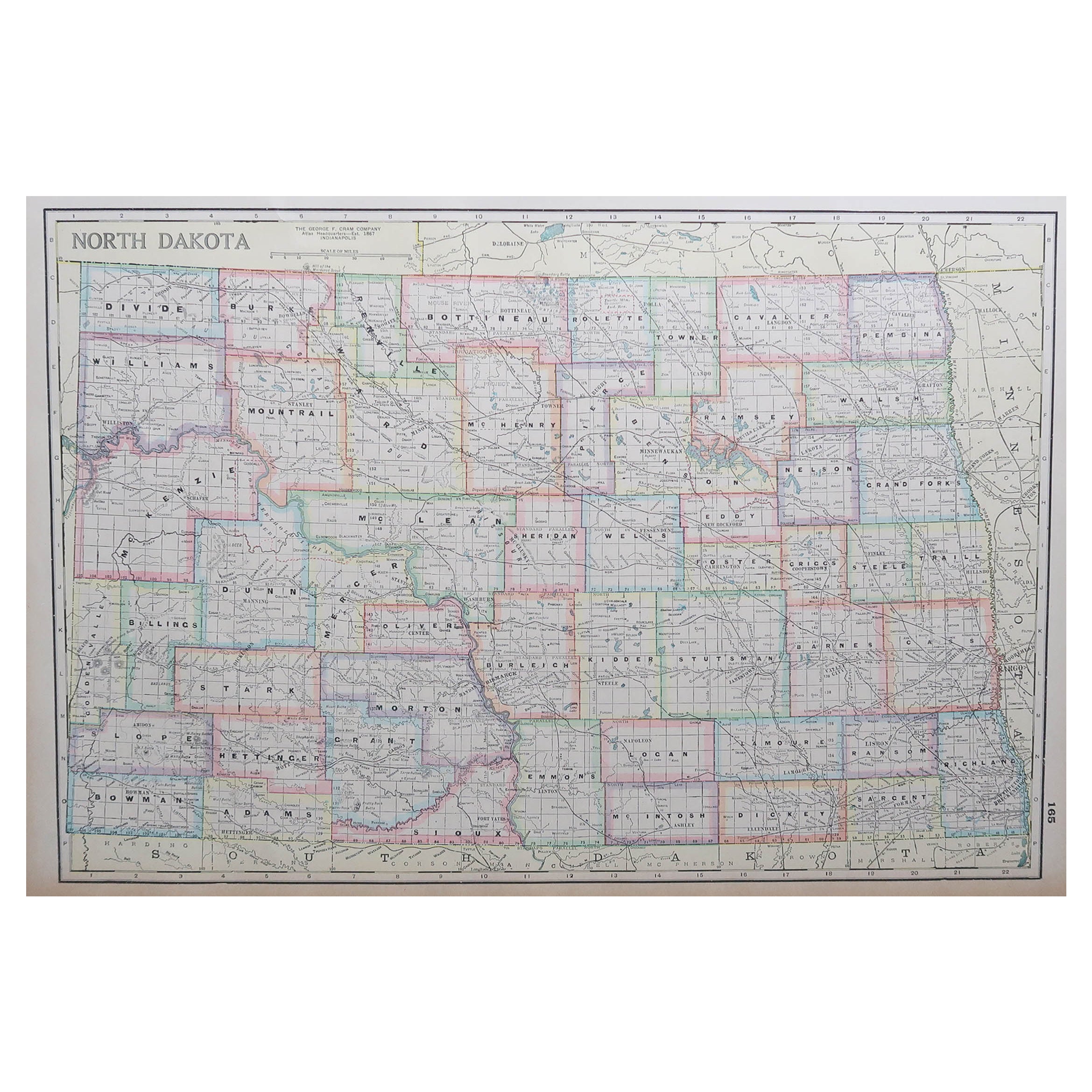 Large Original Antique Map of North Dakota, USA, circa 1900