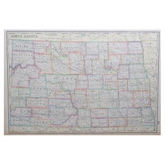 Grande carte ancienne originale du Dakota du Nord, USA, circa 1900