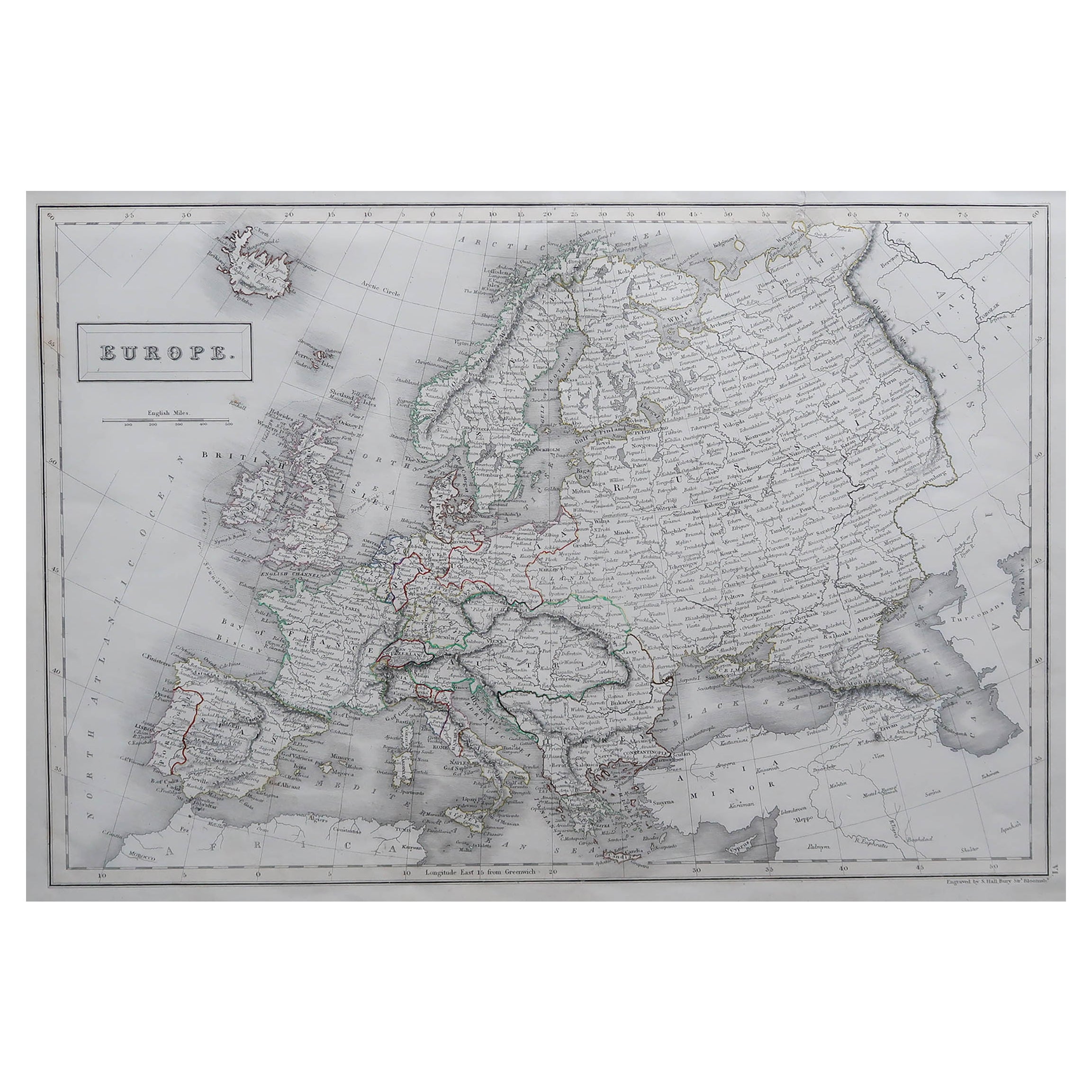 Große Original-Antike Karte von Europa von Sidney Hall, 1847