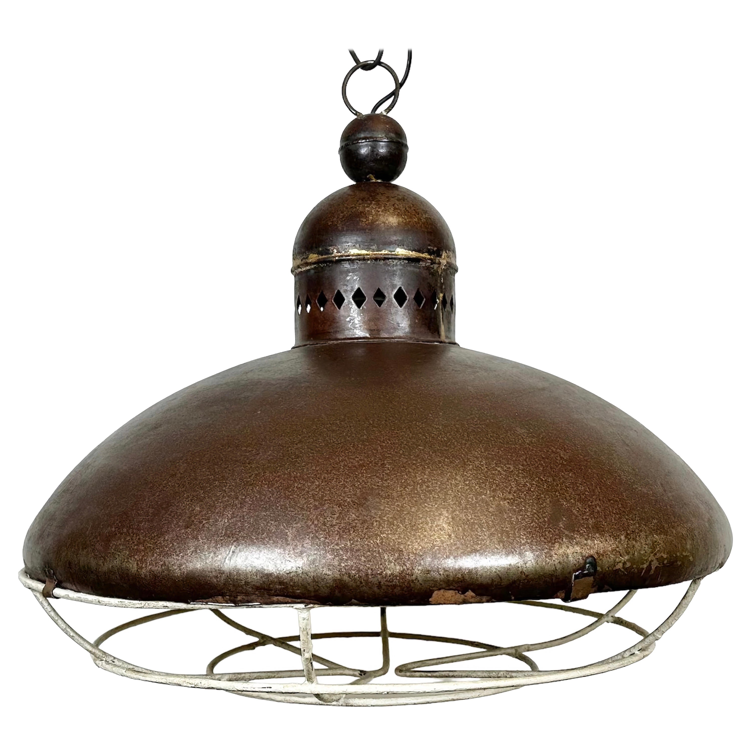 Large Brown Industrial Lamp with Iron Grid, 1960s For Sale