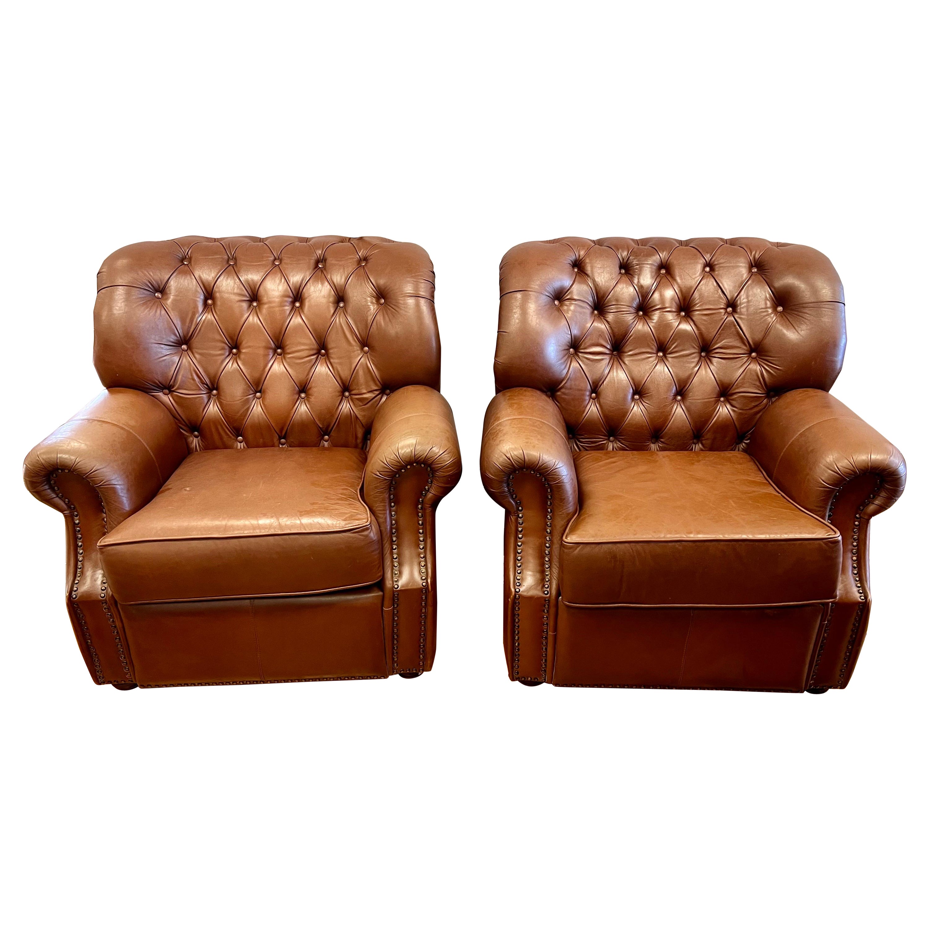 Pair of Brown Leather Tufted Chesterfield Nailhead Cigar Club Chairs