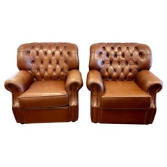 Vintage Pair of Brown Leather Tufted Chesterfield Nailhead Cigar Club Chairs