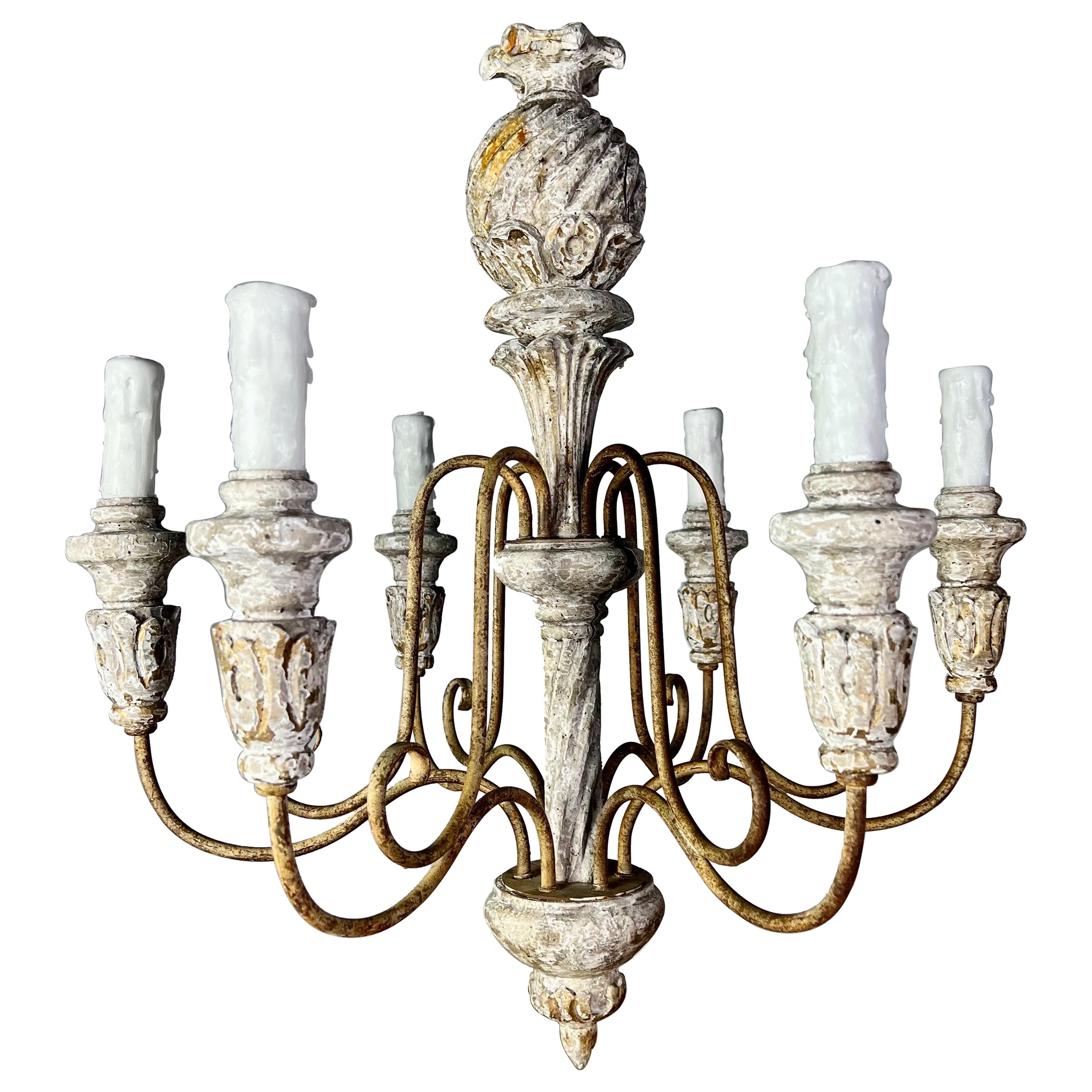 1930s Swedish Carved Wood Painted Chandelier For Sale