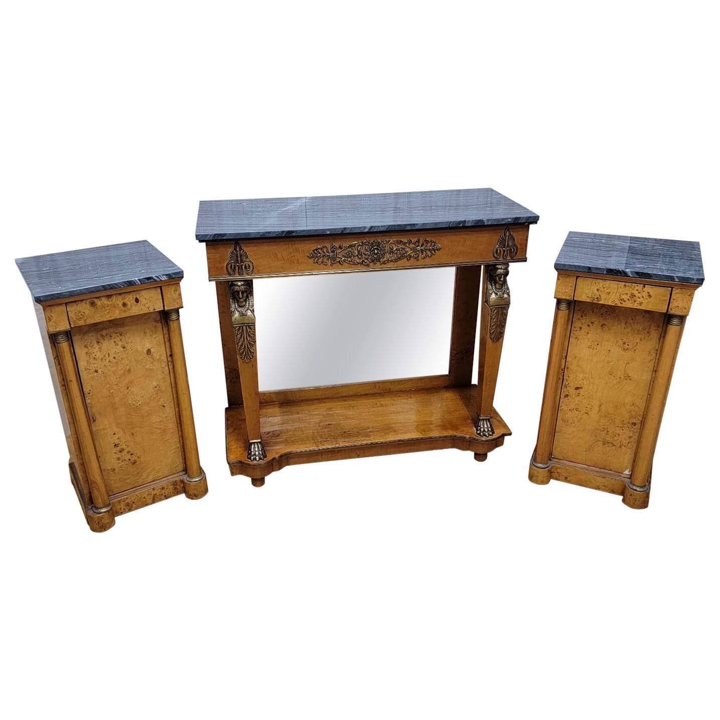 Antiker Biedermeier-Pfeiler-Konsolentisch mit Spiegelrücken und 2 Marmorplatte und Beistelltruhen