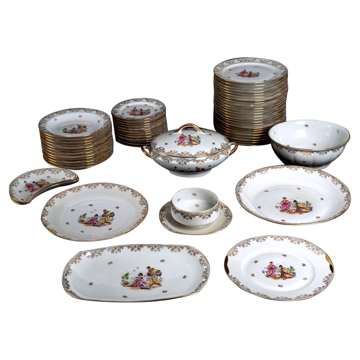 Service 45 Pieces Limoges, Signed Lp Decorated Reserved Nanjing, The Dignitari For Sale